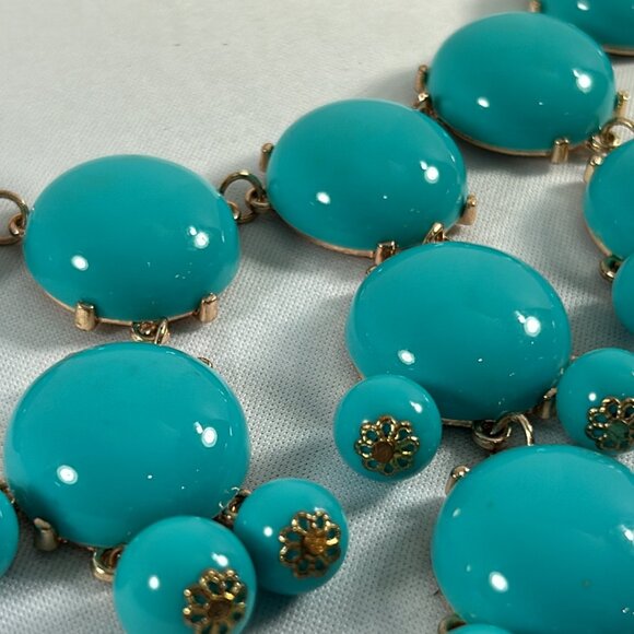 Faux Turquoise Bubble Plastic Beaded Bib Necklace Gold Tone Drop Statement - Picture 4 of 10